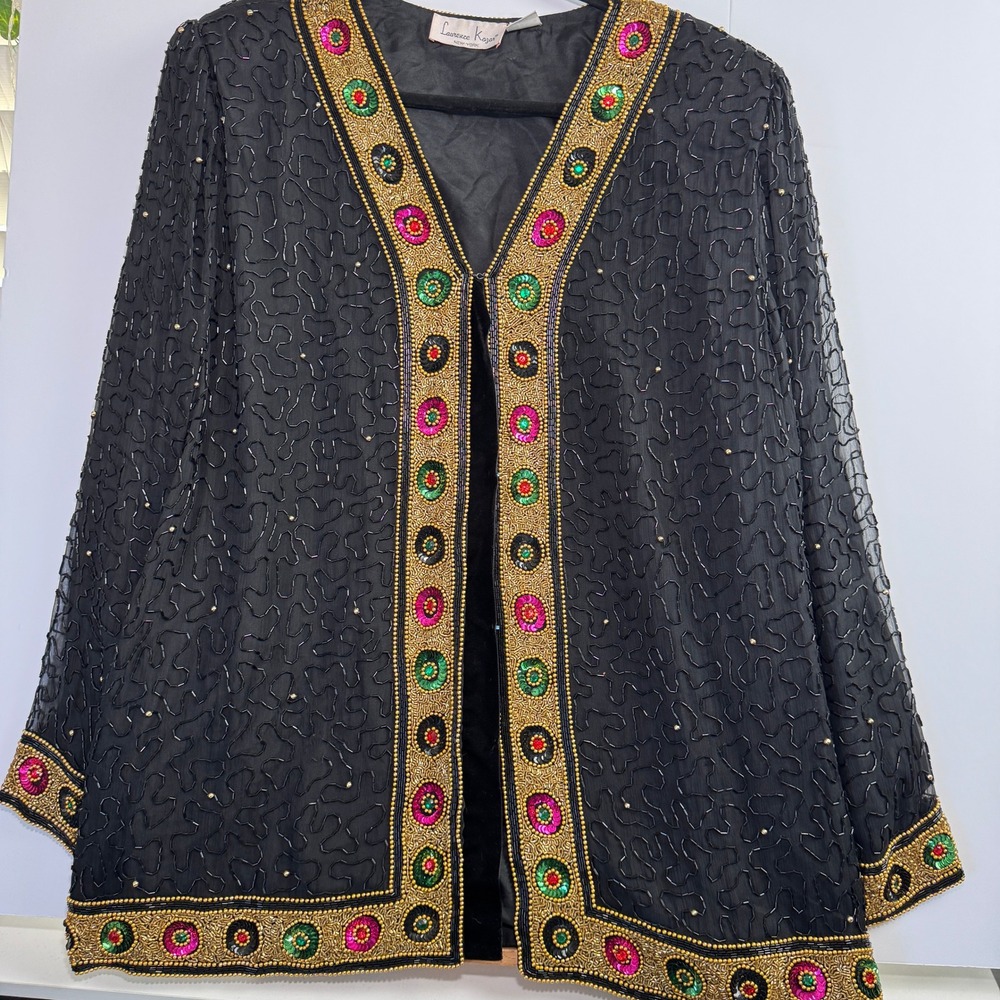 Laurence Kazar Vintage Silk Beaded Sequin Evening‎ Jacket Black Gold 2X India